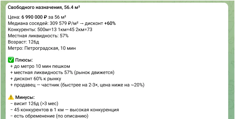 Расчёт по одному объекту: цена, сравнение с ценой соседей, конкуренты рядом, плюсы и минусы